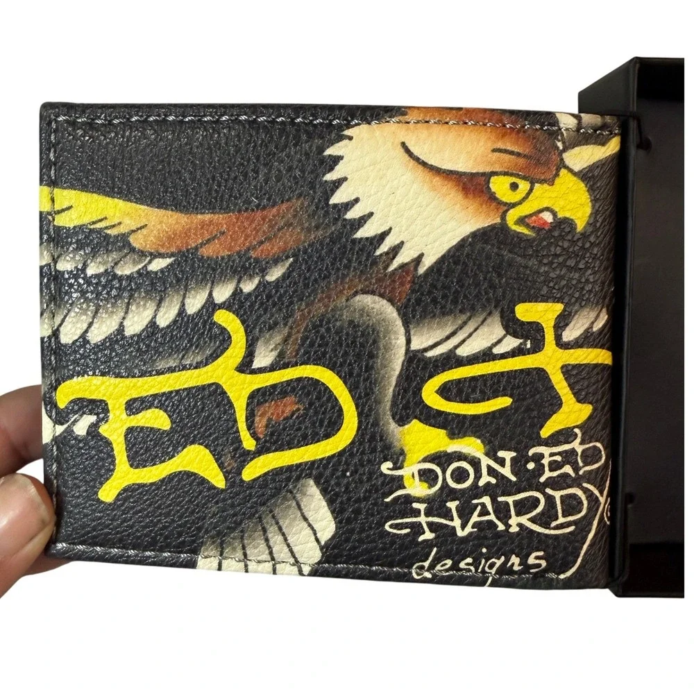 Ed Hardy Bifold Wallet Valet Tray Mens Black New Tattoo Eagle Skull Set NEW
